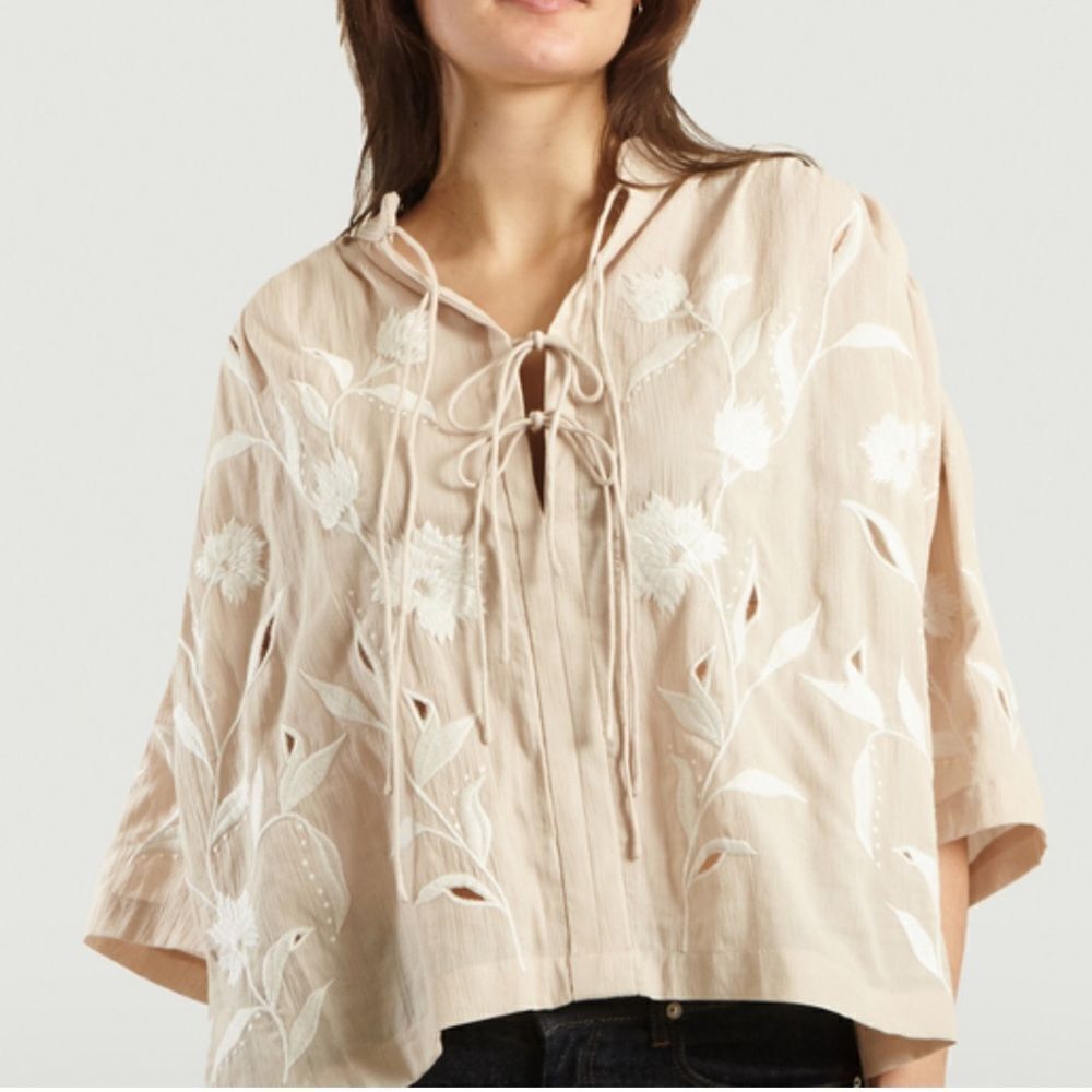 IRO Hiba Floral Embroidered Lace Top Blouse Beige Oversized